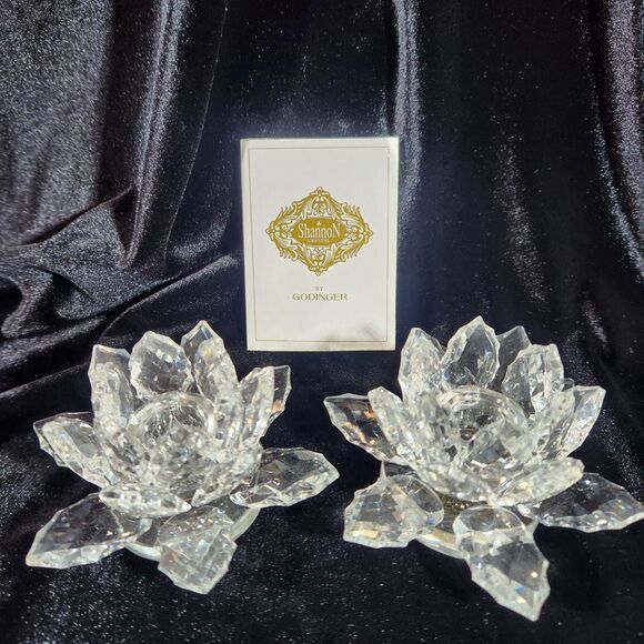 Crystal Lotus Flower Candle Holders w Candles Holly Shape Leaf Set 2 Shannon VTG - Picture 3 of 15